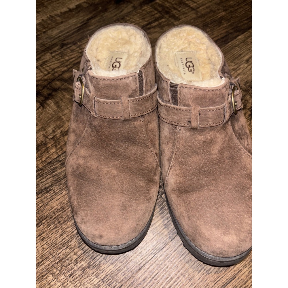 UGG Australia Brown Suede Shearling Lined Clog Mules with Buckle Detail